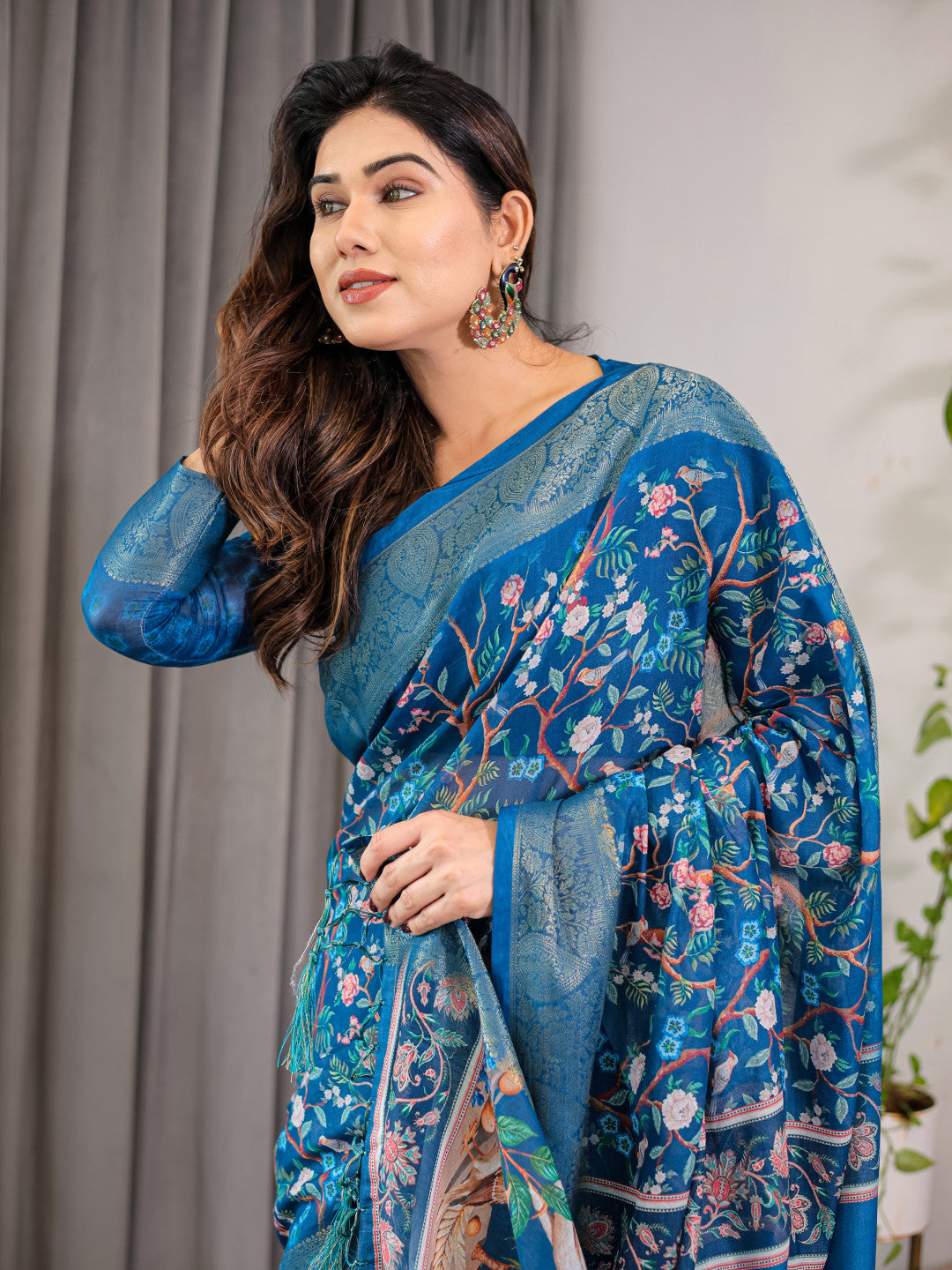 Blue Kalamkari Digital Printed Linen Cotton Saree