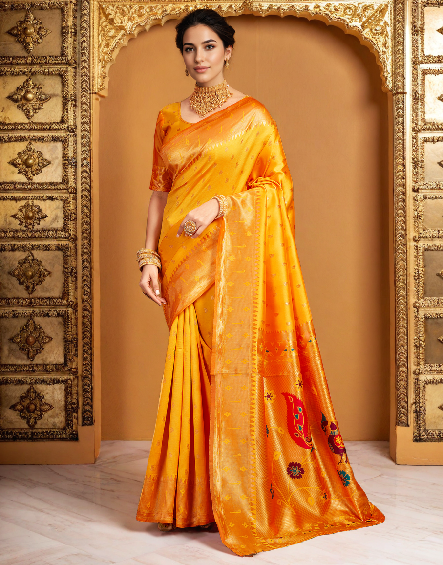 Traditional Paithani Silk Saree With Zari Weaving Work