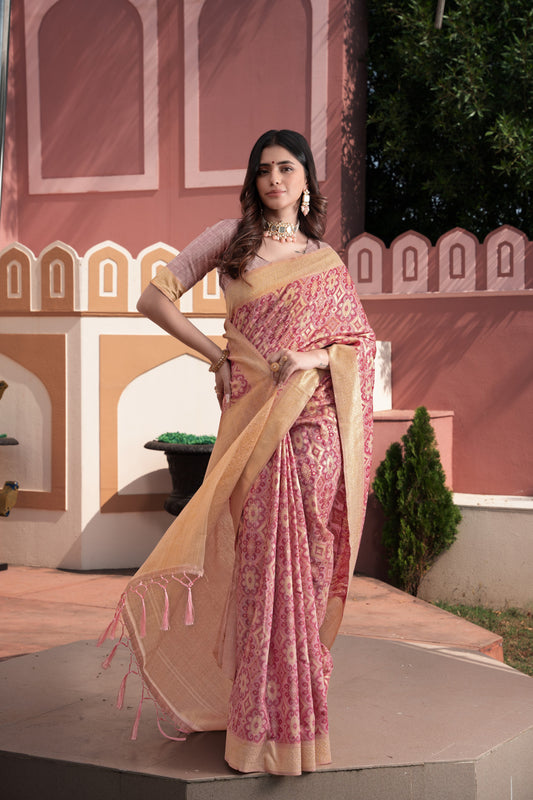Pink Cotton Ikkat Silk Saree With Zari Woven Work