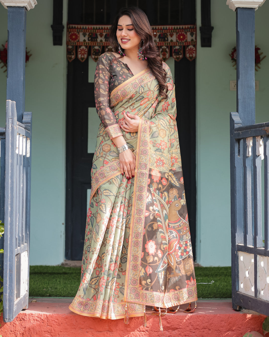 Soft Linen Cotton Saree With Kalamkari Printed Work