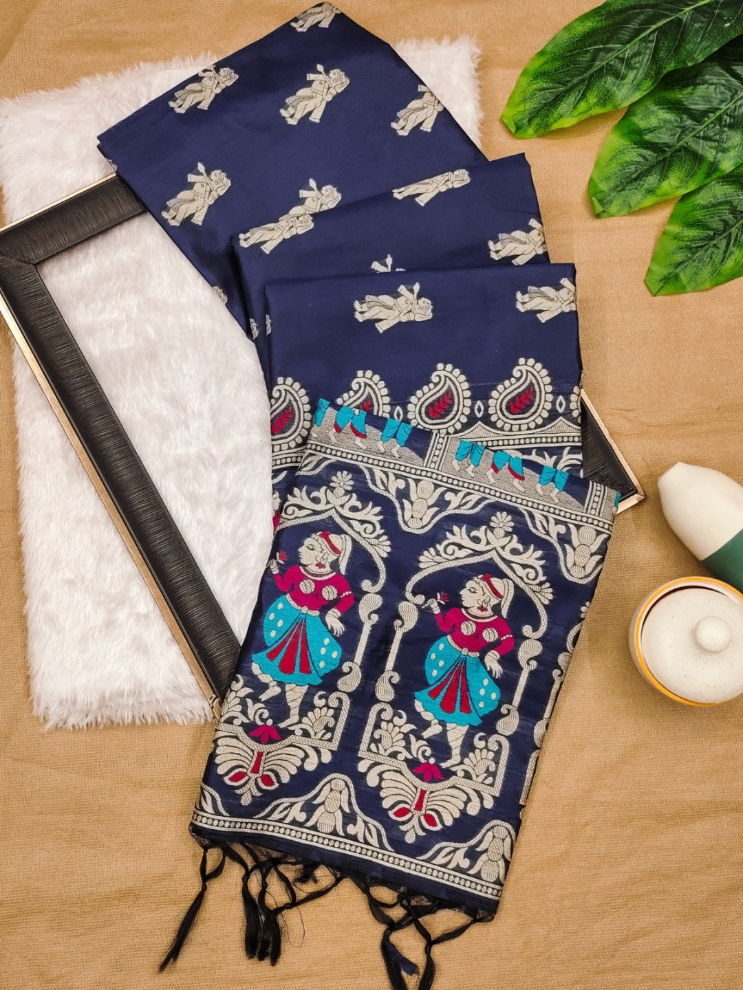 Navy Blue Traditional Handloom Raw Silk Saree With Woven Design