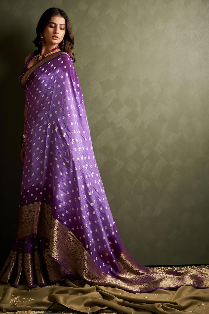 Hand Bandhej Bandhani Saree With Zari Border