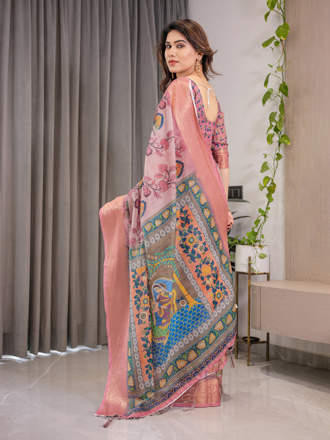 Kalamkari Digital Printed Linen Cotton Saree