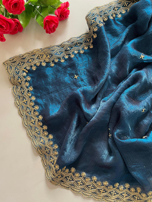 Morpeach Fancy Space Silk Saree With Embroidery & Moti Work