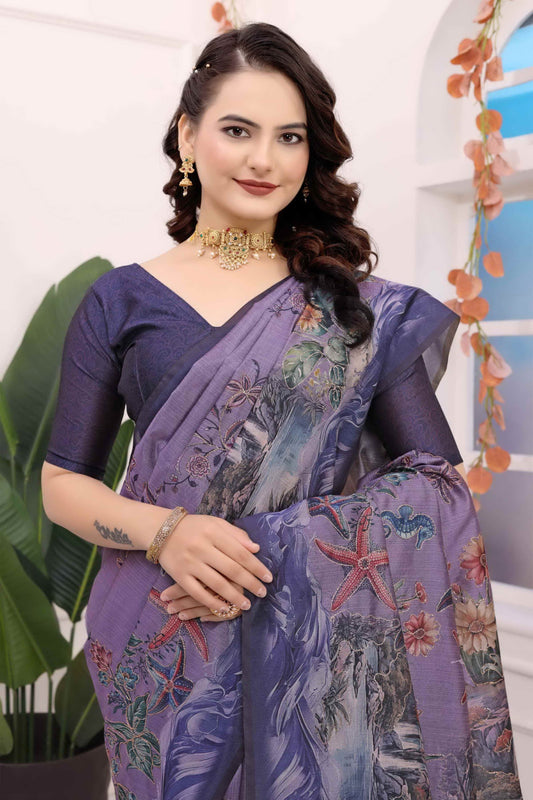 Lavender Kalamkari Printed Premium Tussar Silk Saree