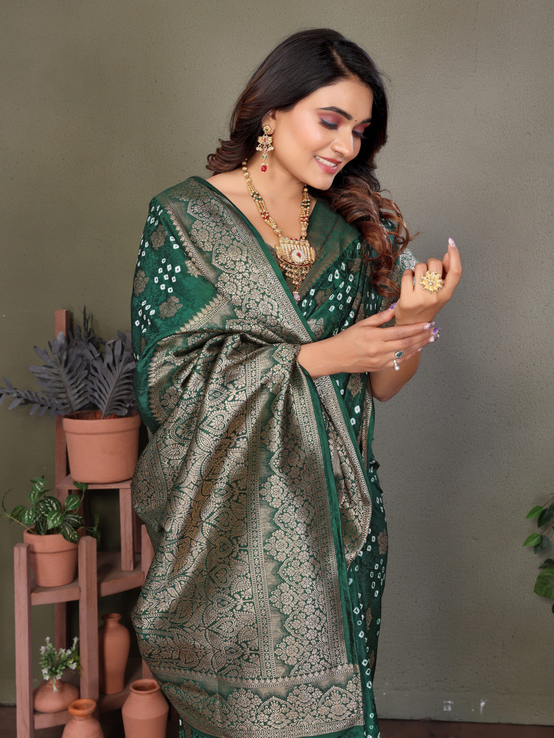 Green Premium Bandhej Silk Saree With Zari Weaving Work