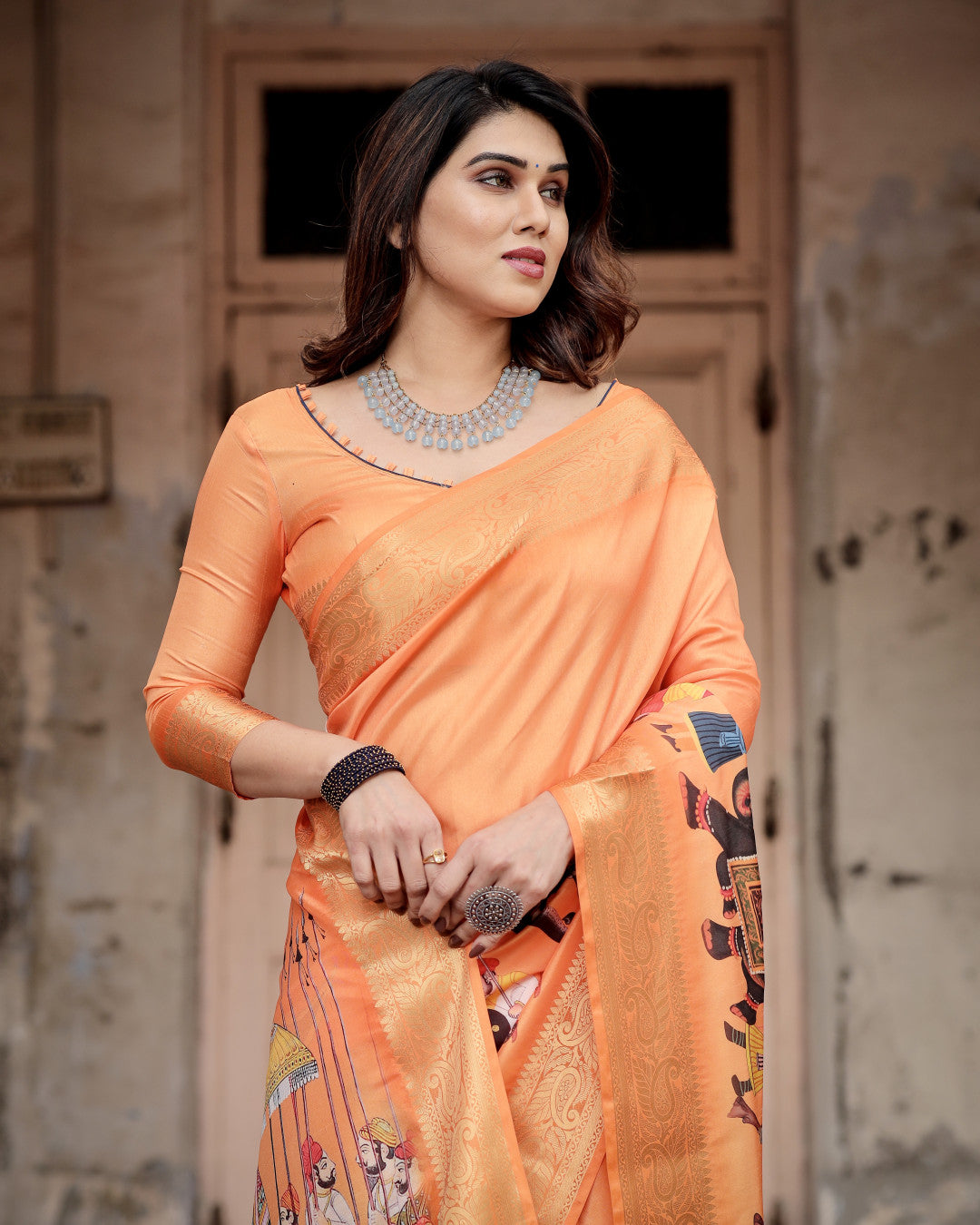 Orange Kalamkari Digital Printed Dola Silk Saree With Gold Zari Border
