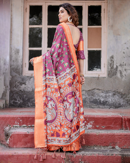Magenta Kalamakari Digital Printed Tussar Silk Saree With Zari Motif Border