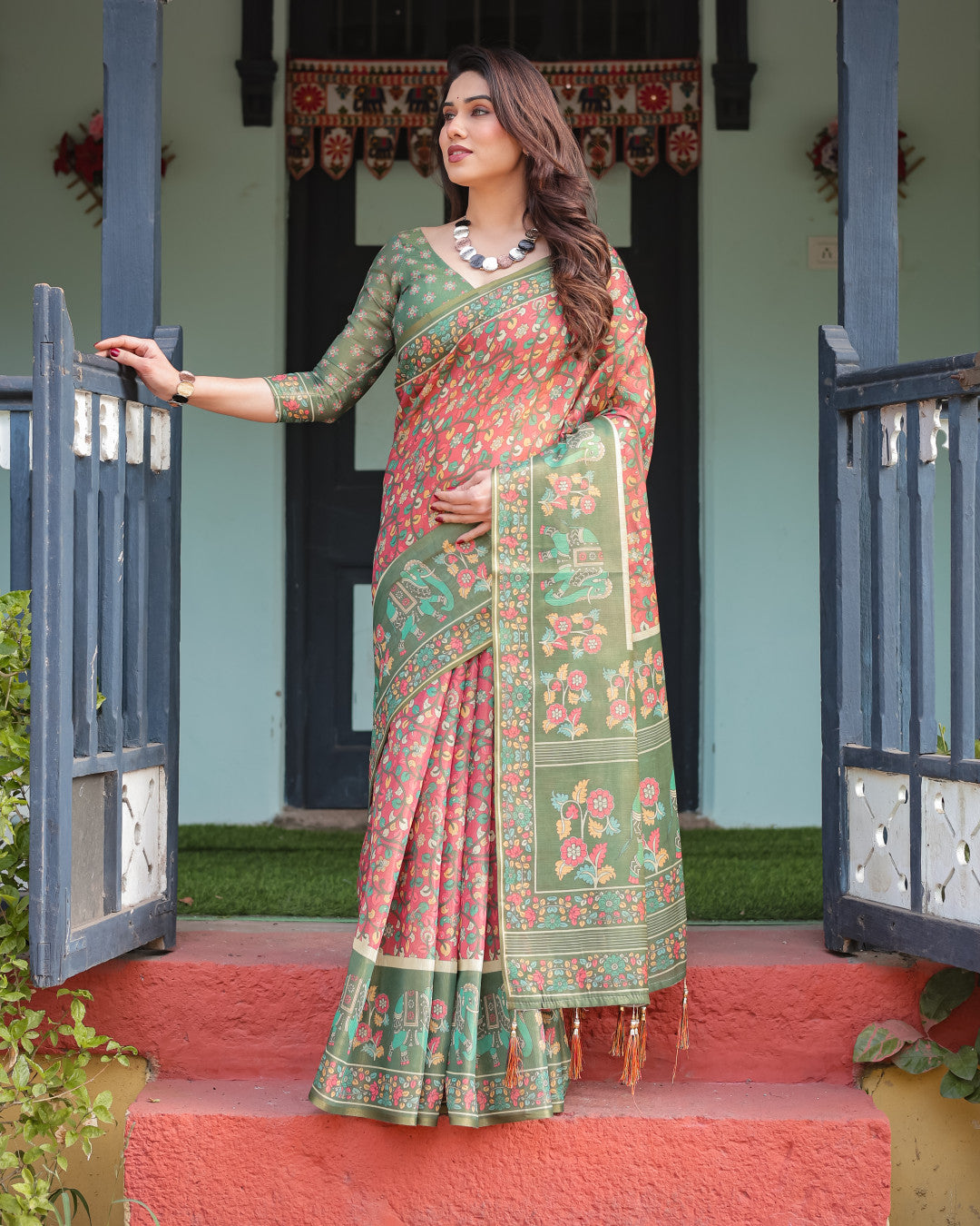 Kalamkari Digital Printed Linen Cotton Saree
