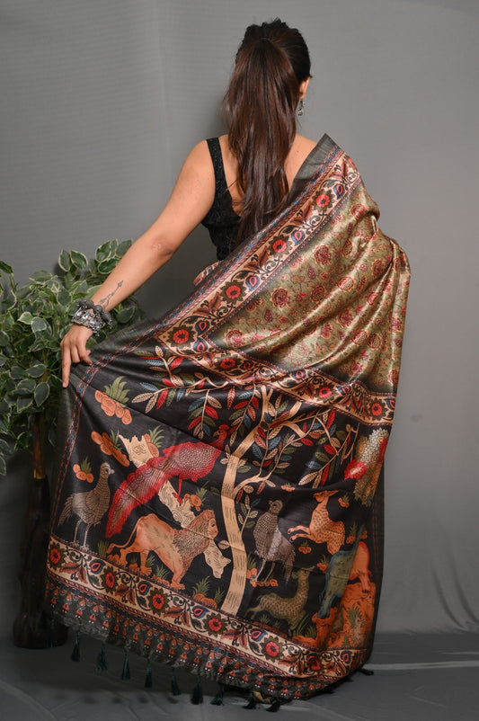 Pista Green Color Soft Silk Saree With Kalamkari Digital Printed Work