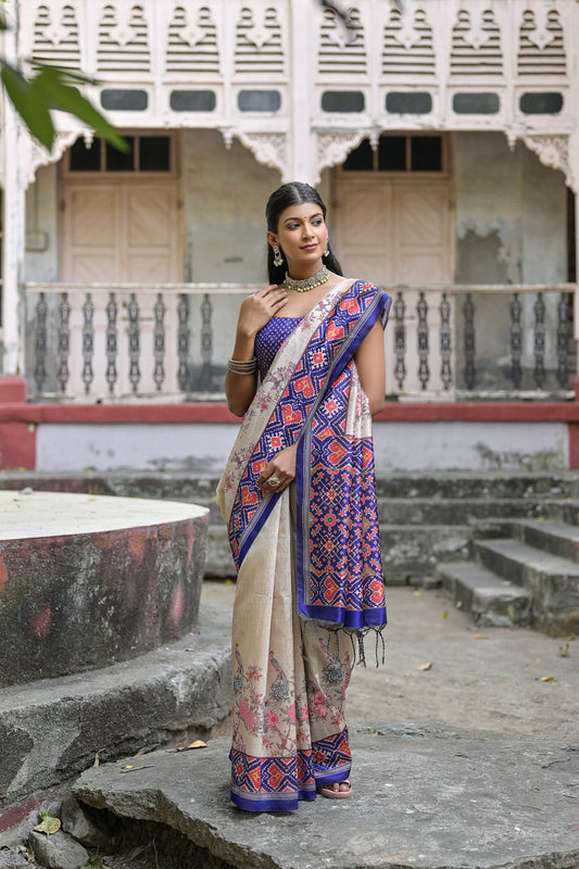 Blue Color Soft Tussar Silk Saree With Patola Printed Work