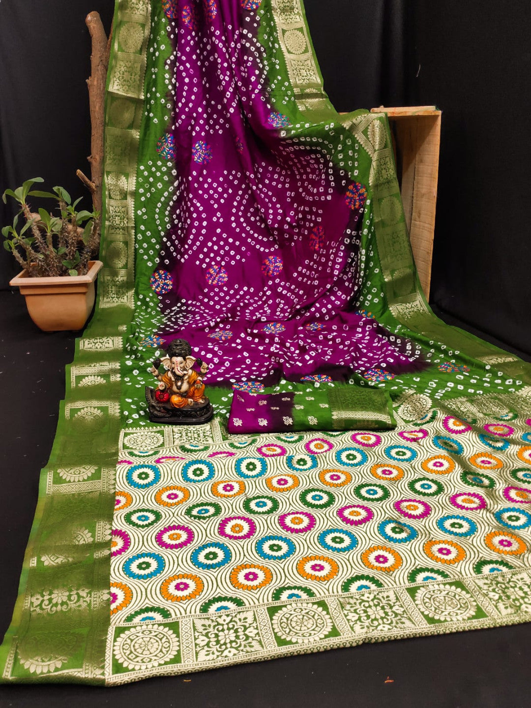 Multi Color Soft Bandhej Silk Saree With Zari Weaving Work