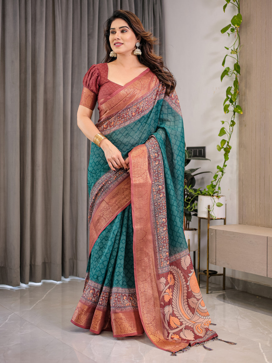Kalamkari Digital Printed Linen Cotton Saree