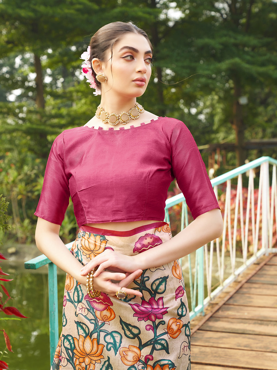Rani Pink Kalamkari Printed Designer Tussar Silk Saree