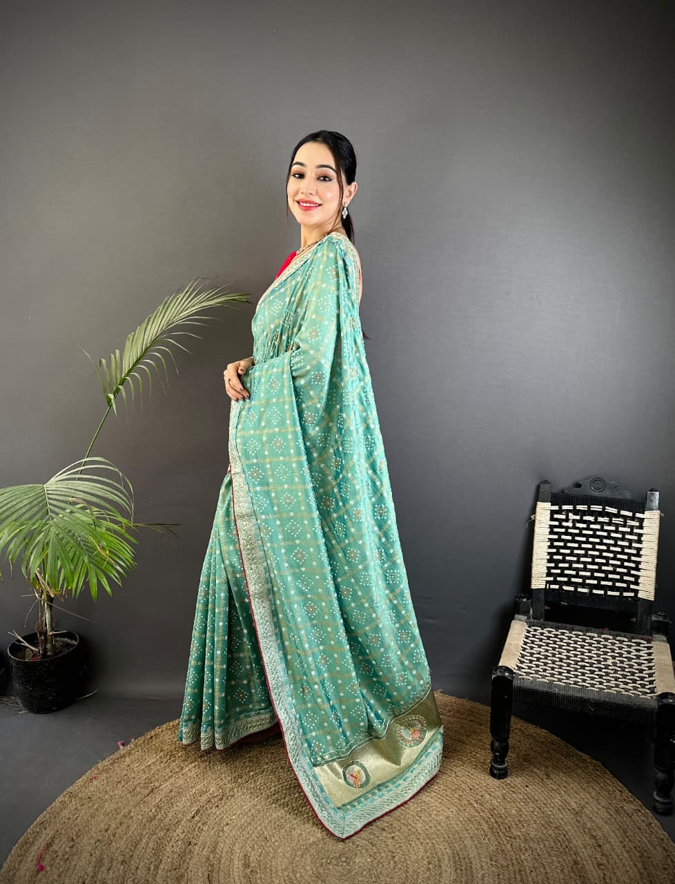 Sea Green Traditional Blooming Vichitra Khadi Bandhej Silk Saree With Sequence Work
