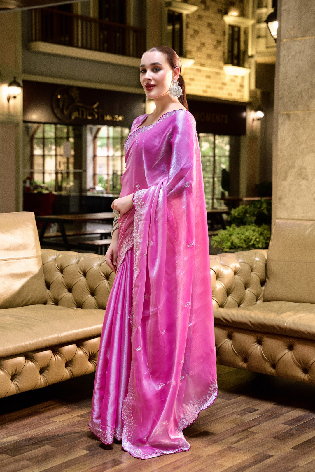 Light Pink Fancy Shimmer Chiffon Saree With Embroidery Work