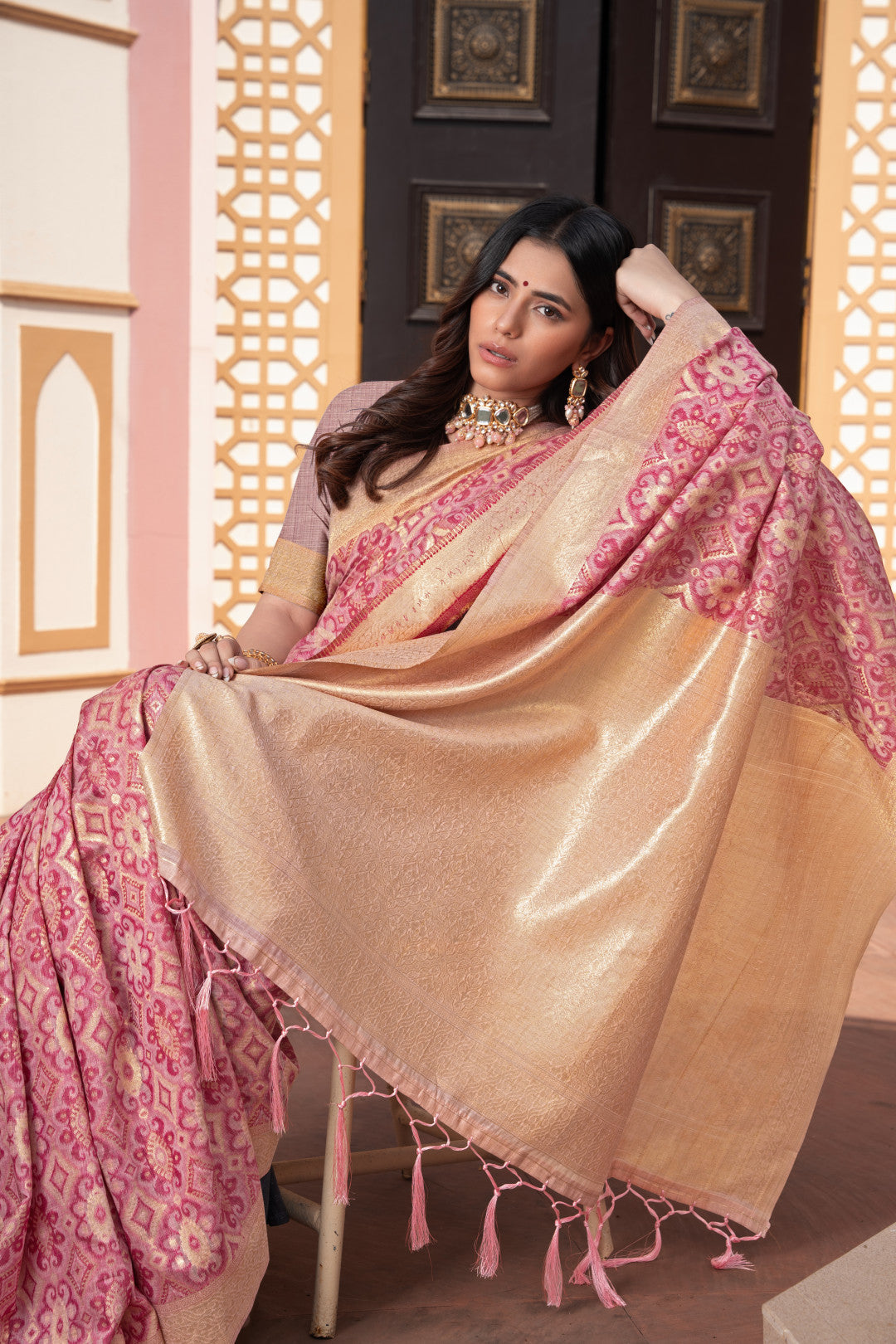 Pink Cotton Ikkat Silk Saree With Zari Woven Work