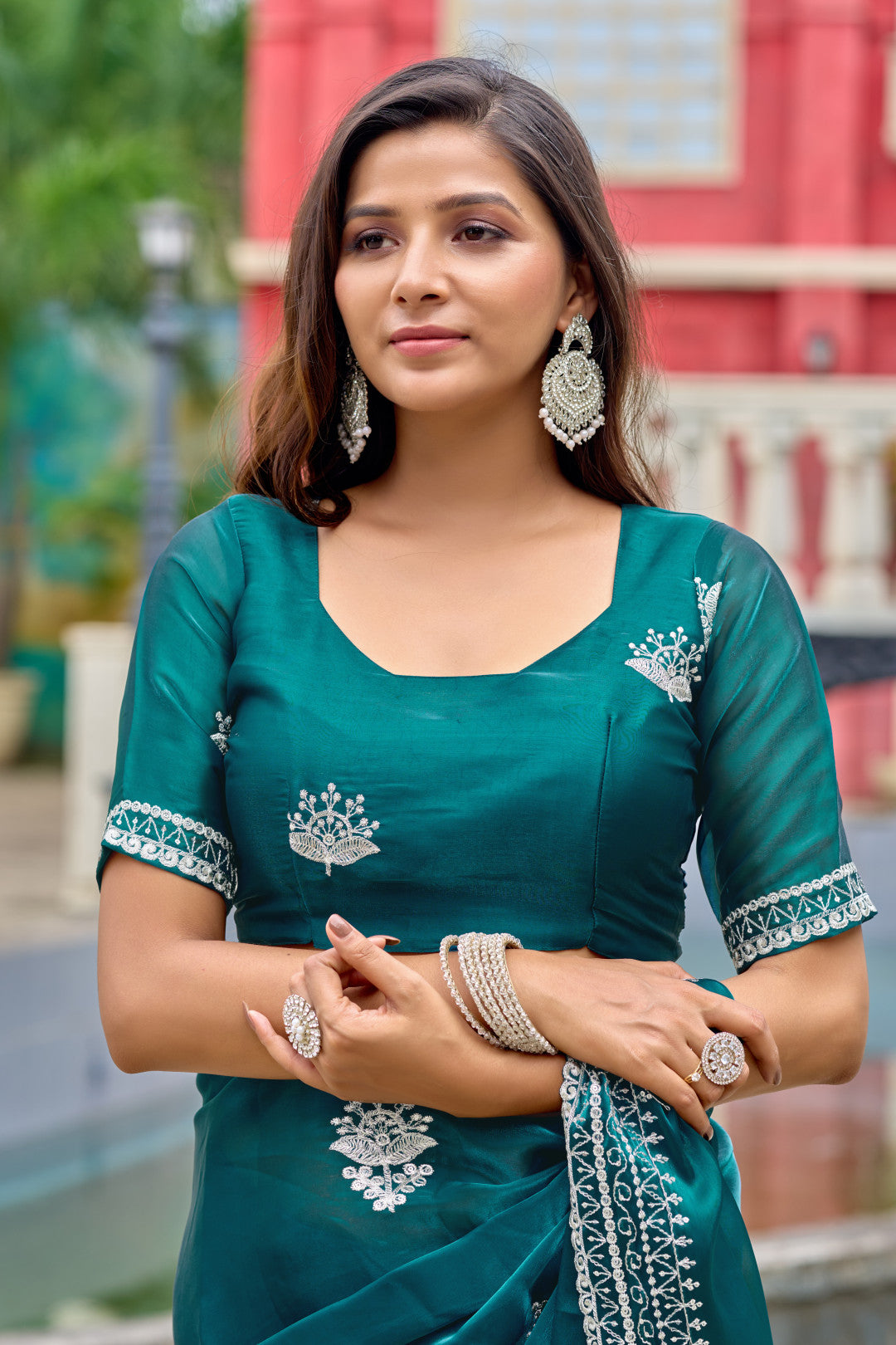 Rama Green Fancy Shimmer Chiffon Saree With Embroidery Work