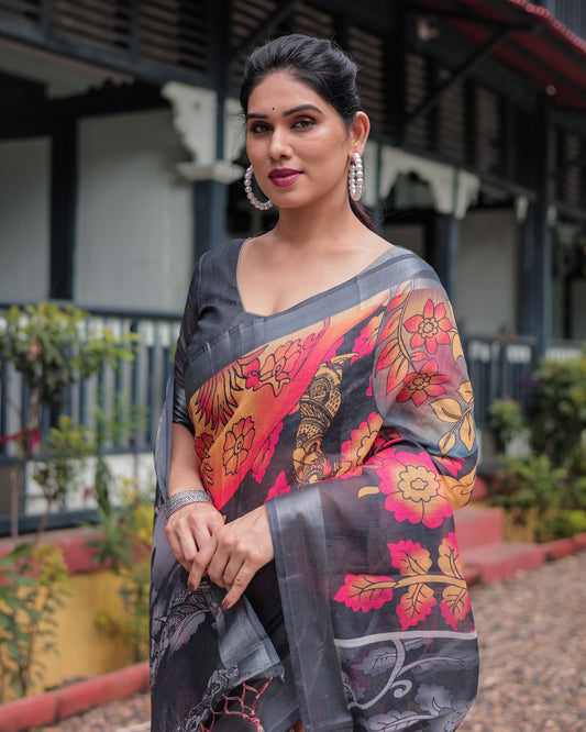 Multi Soft Linen Cotton Saree With Kalamkari Digital Printed Work