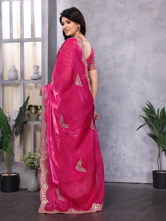 Pink Fancy Shimmer Chiffon Saree With Embroidery Work
