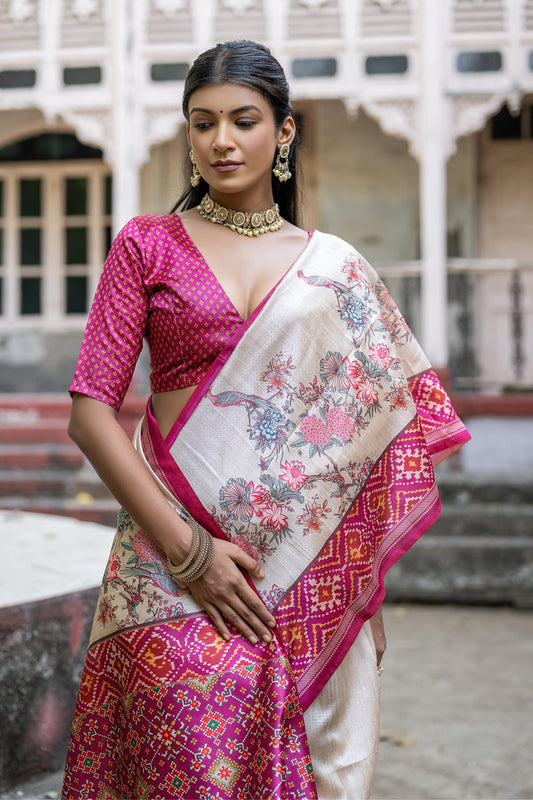 Pink Color Soft Tussar Silk Saree With Patola Printed Work