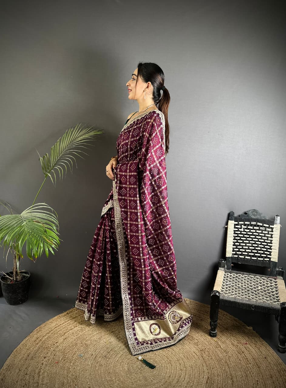 Wine Traditional Blooming Vichitra Khadi Bandhej Silk Saree With Sequence Work