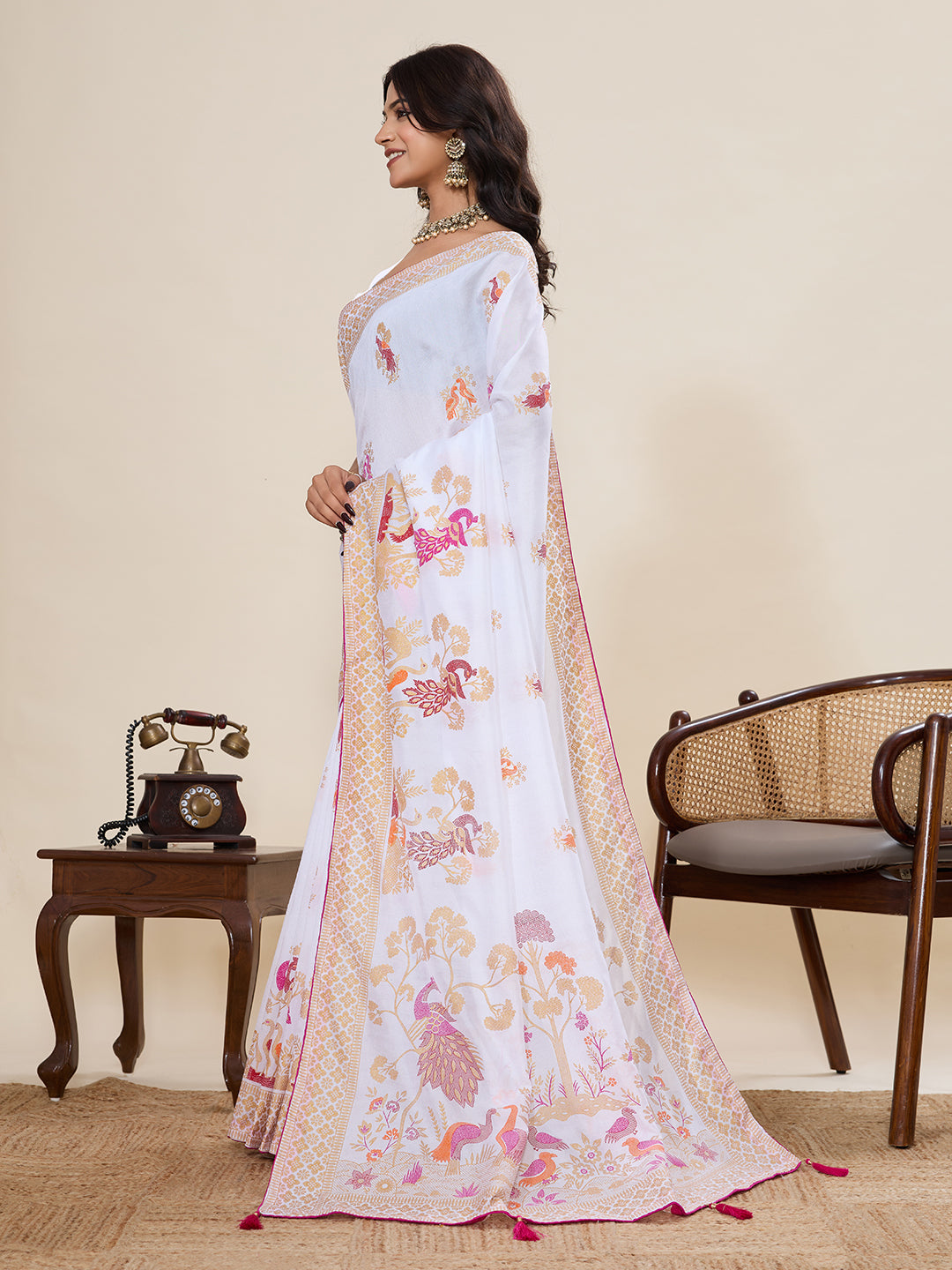 White Cotton Saree With Table Printed And Foil Work With Pipeing Border