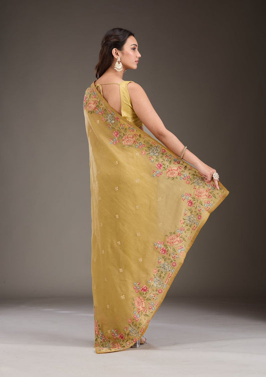 Mustard Yellow Fancy Crunchy Silk Saree With Multi Thread Work And Piping Lace Border