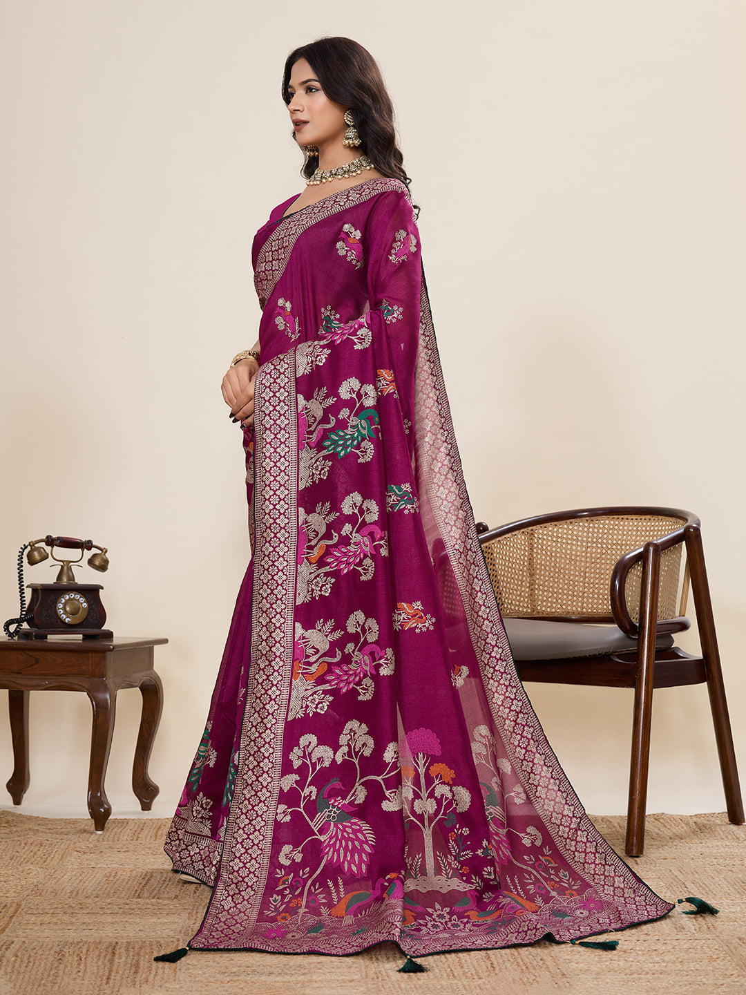 Wine Cotton Saree With Table Printed And Foil Work With Pipeing Border