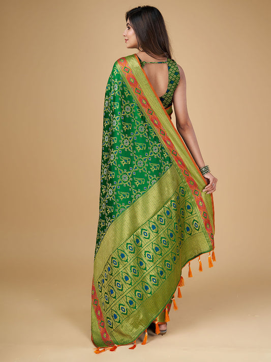 Green Color Patola Silk Saree With Zari Weaving Work