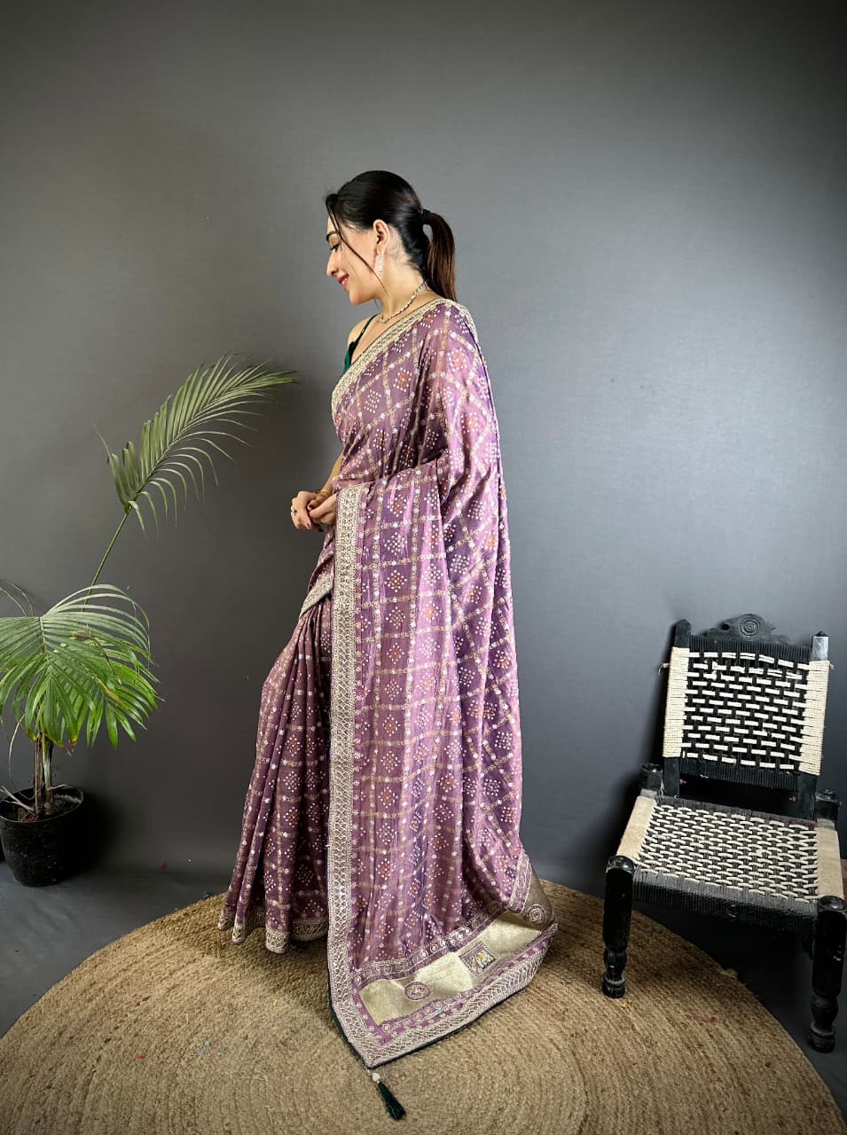 Lavender Traditional Blooming Vichitra Khadi Bandhej Silk Saree With Sequence Work