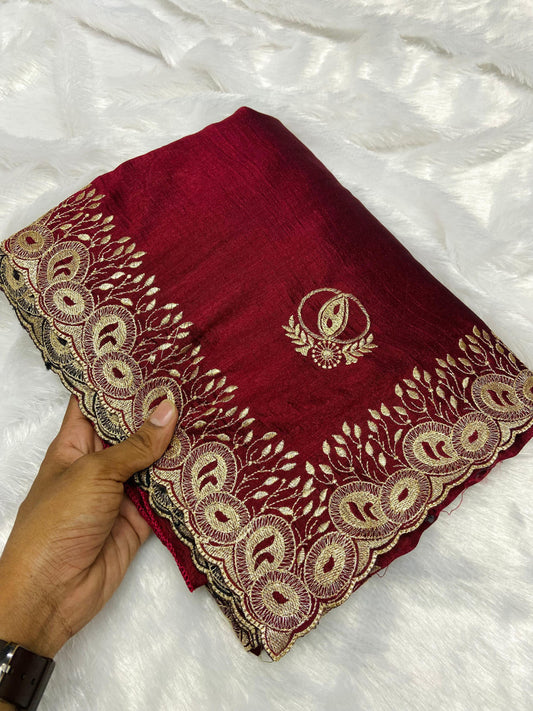 Fancy Maroon Color Vichitra Silk Saree With Beautiful Cutwork & Embroidery Border