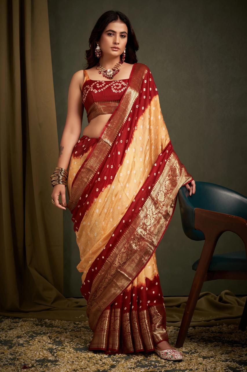 Hand Bandhej Bandhani Saree With Zari Border