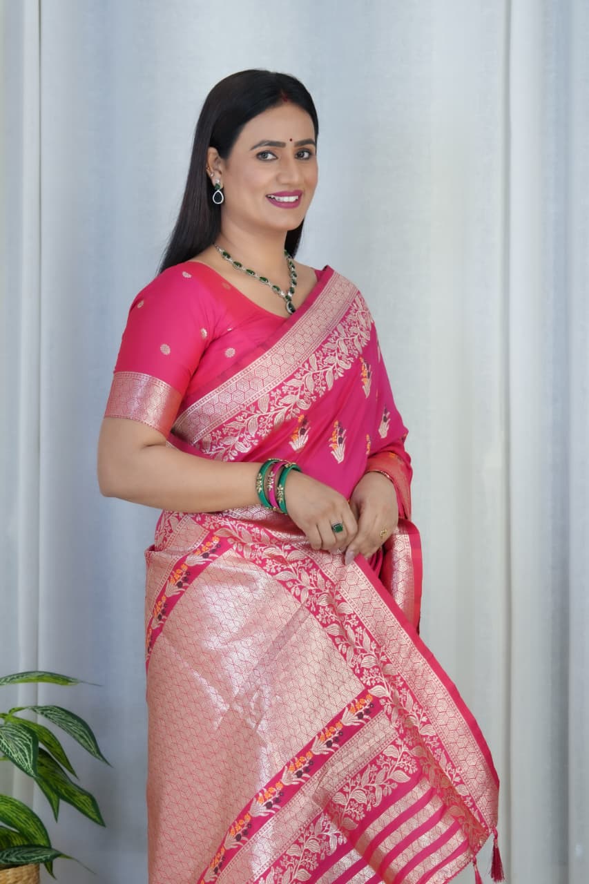 Pink Pure Soft Banarasi Saree With Meenakari Weaving Work