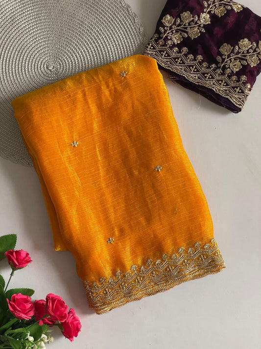 Orange Fancy Space Silk Saree With Embroidery & Moti Work