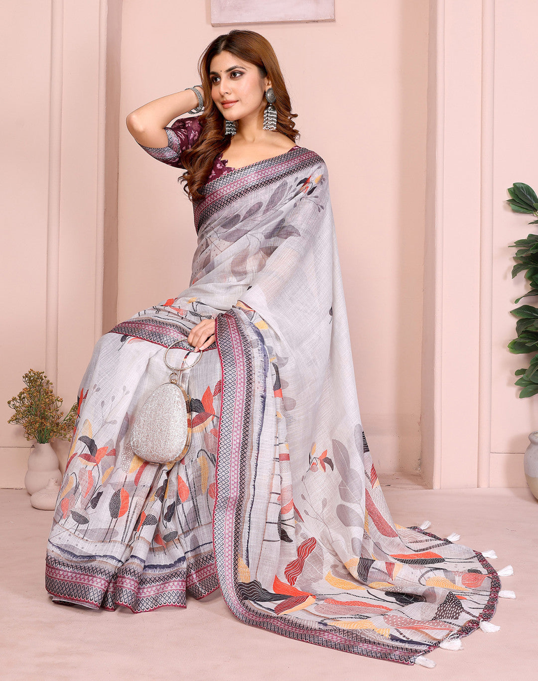 Gray Linen Cotton Saree With Digital Printed Work And Silver Zari Border