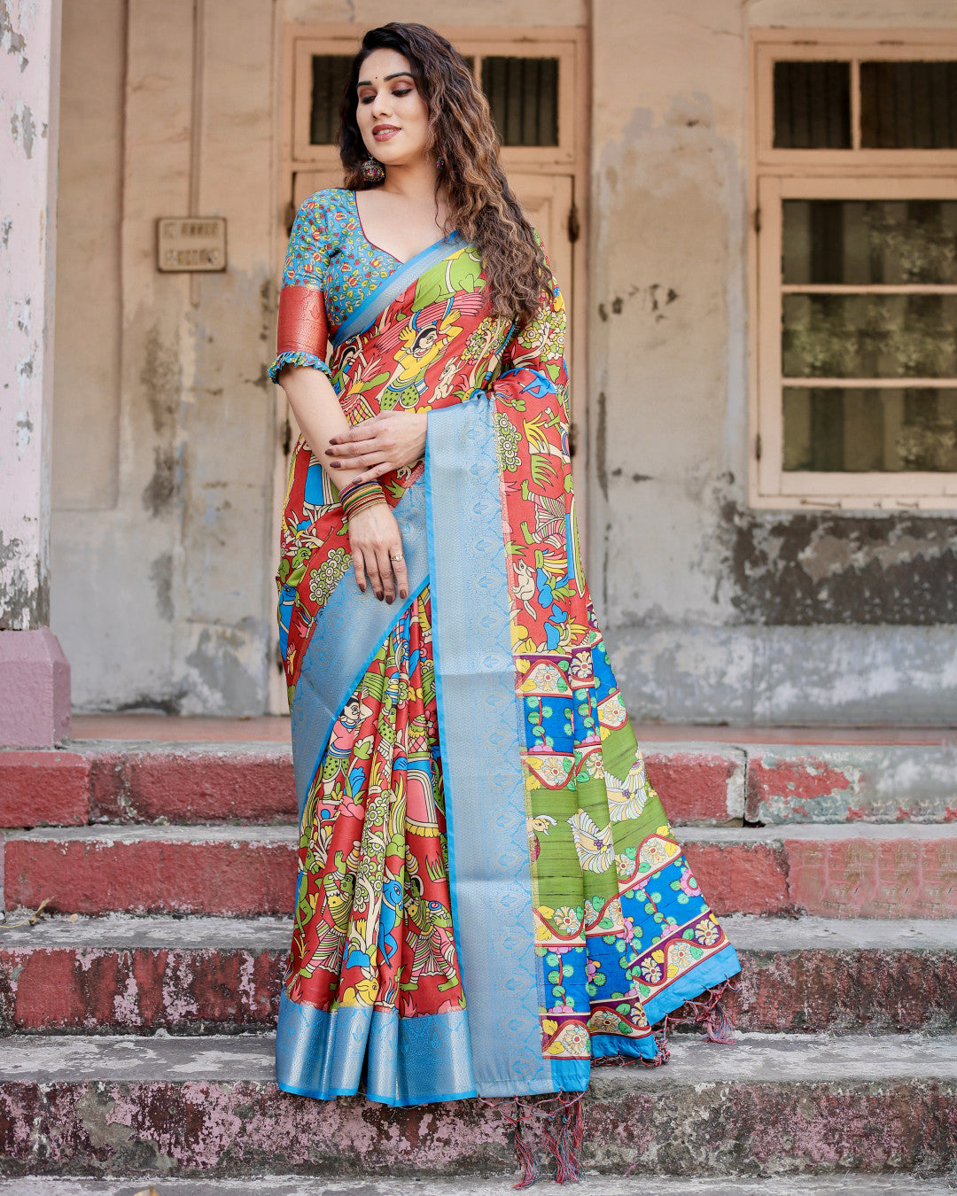 Multi Fancy Kalamkari Digital Printed Tussar Silk Saree