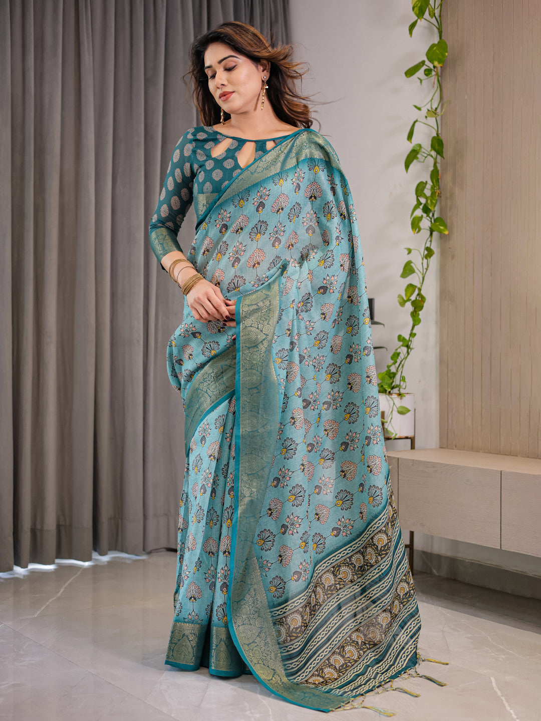 Kalamkari Digital Printed Linen Cotton Saree