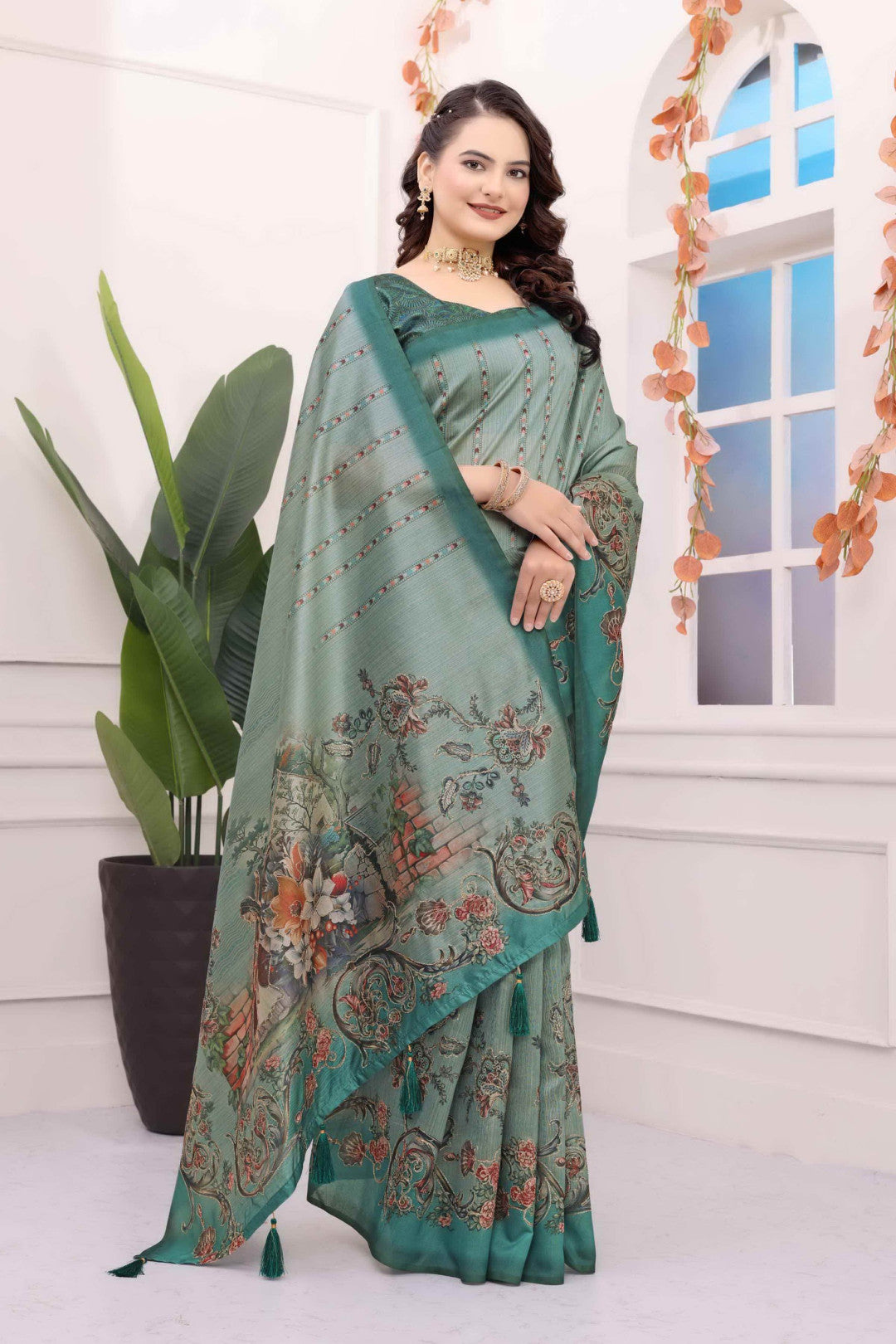 Light Green Kalamkari Printed Premium Tussar Silk Saree
