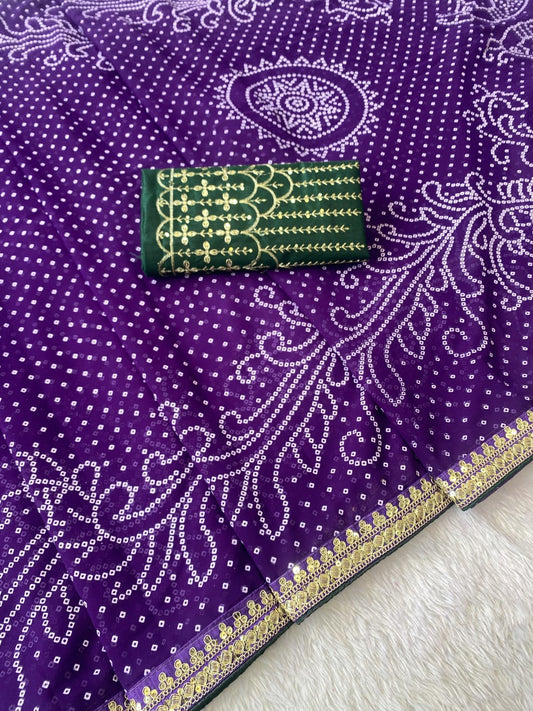 Purple Color Georgette Bandhani Saree With Foil Print Work