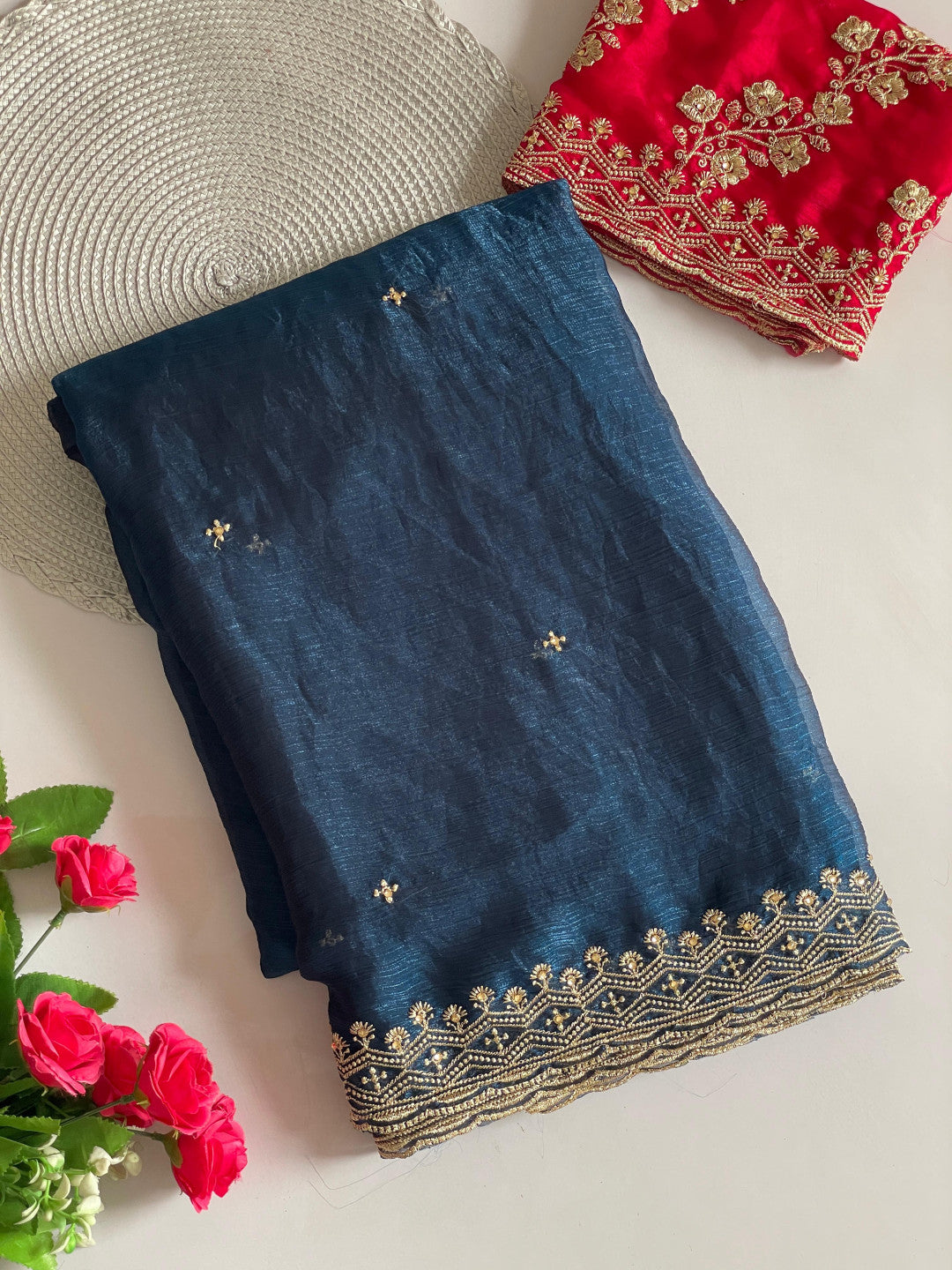 Morpeach Fancy Space Silk Saree With Embroidery & Moti Work