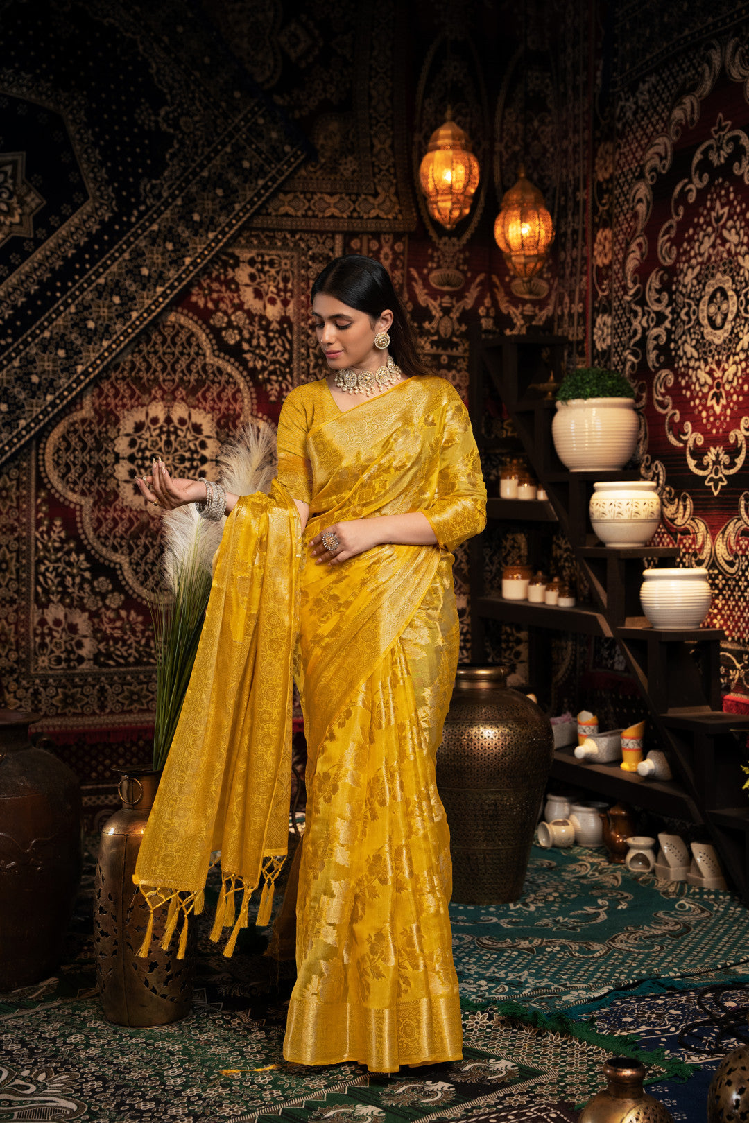Yellow Jimmy Choo Saree With Weaving Work