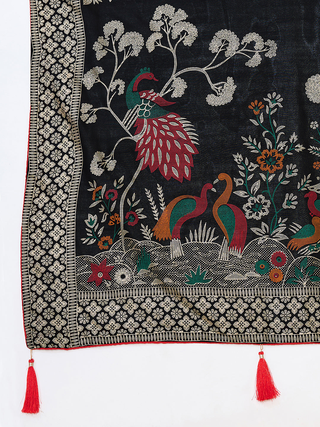Black Cotton Saree With Table Printed And Foil Work With Pipeing Border