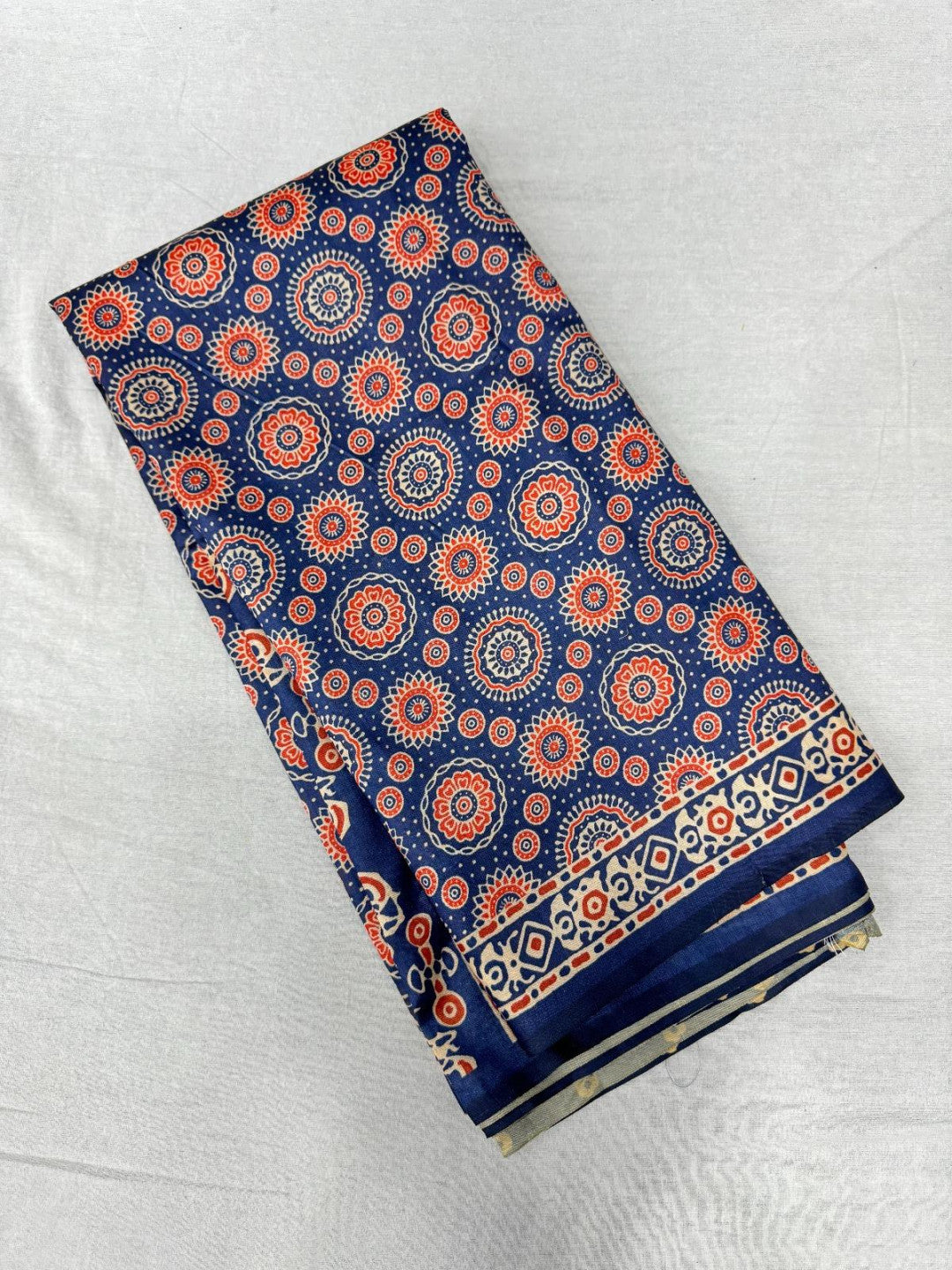 Navy Blue Ajrakh Print Tussar Silk Saree