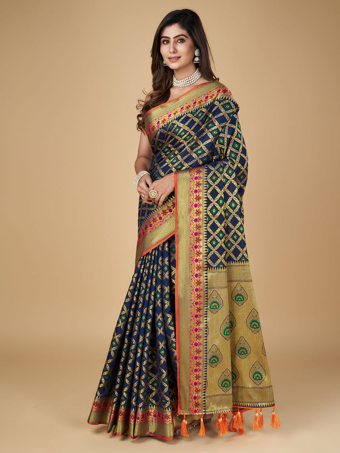 Navy Blue Color Patola Silk Saree With Zari Weaving Work