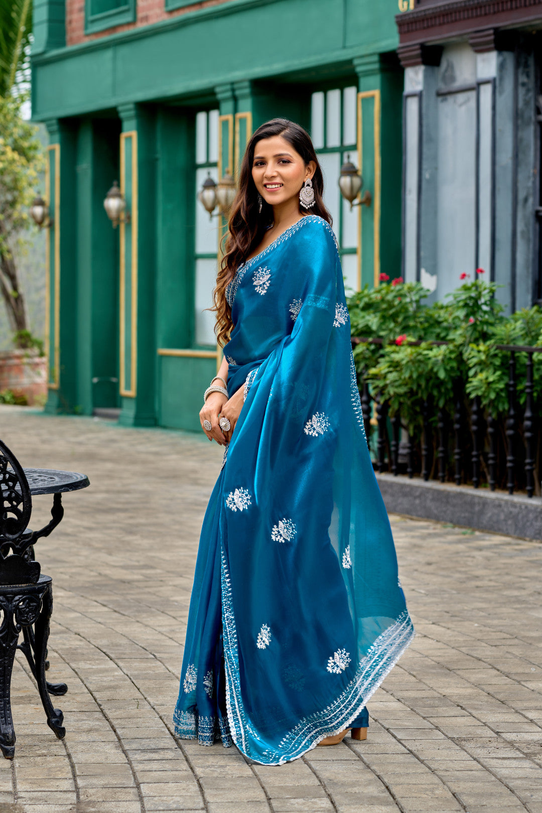 Firoji Fancy Shimmer Chiffon Saree With Embroidery Work