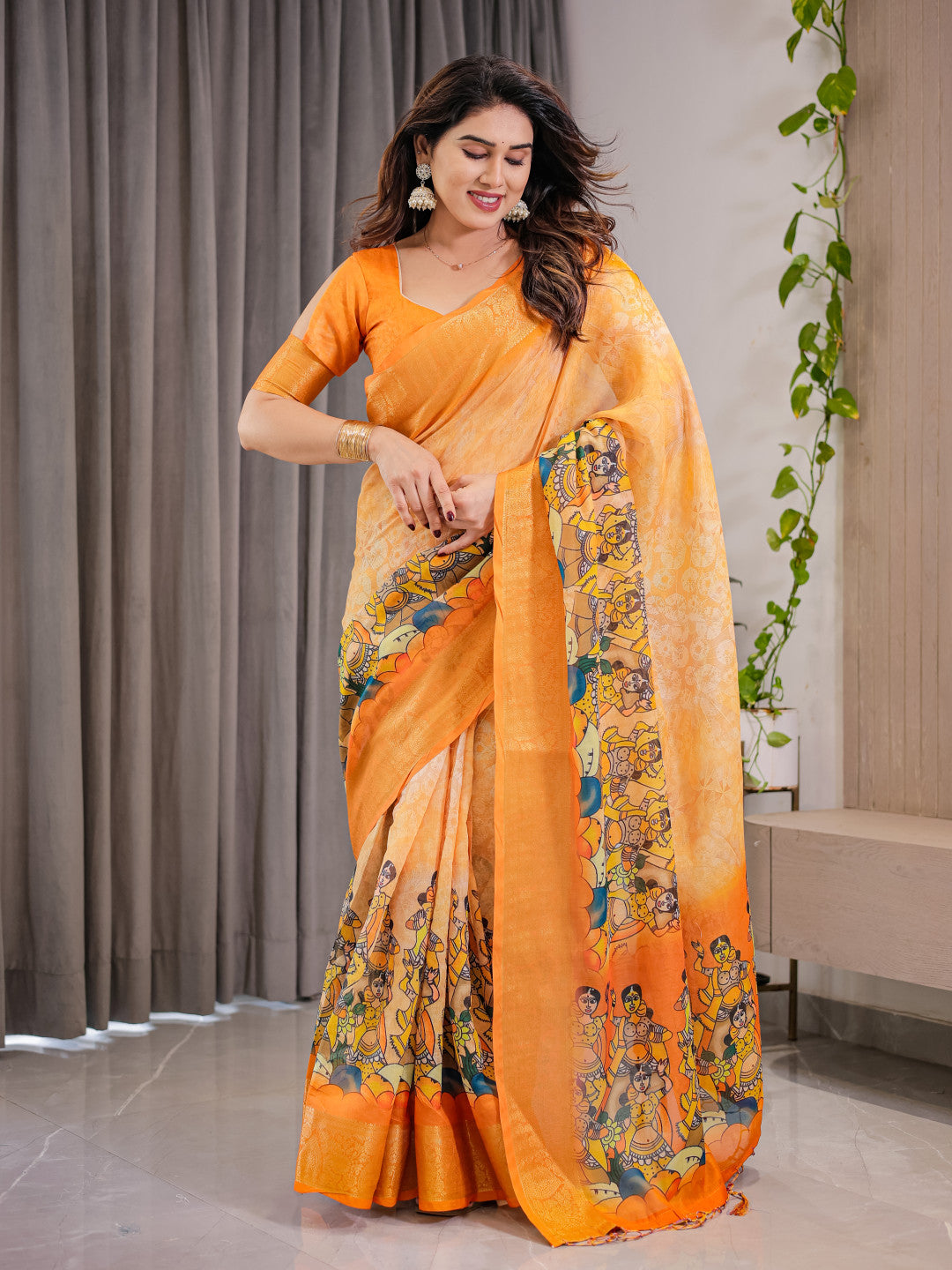 Kalamkari Digital Printed Linen Cotton Saree