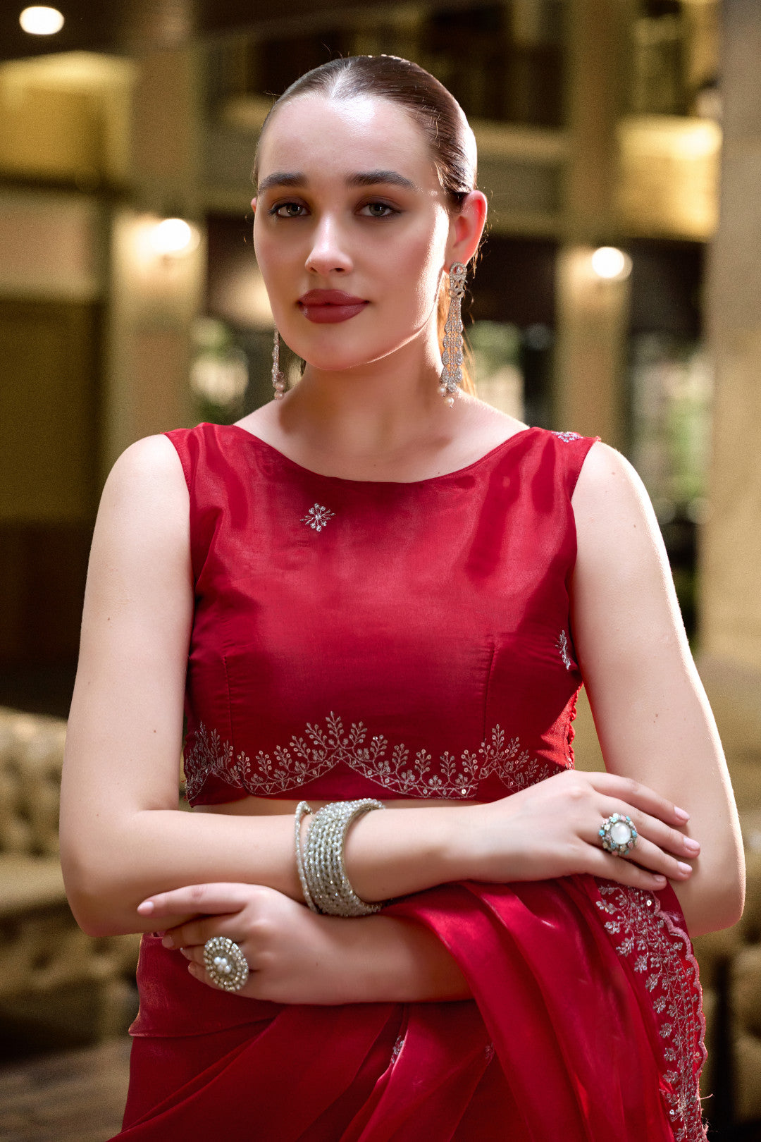 Red Fancy Shimmer Chiffon Saree With Embroidery Work