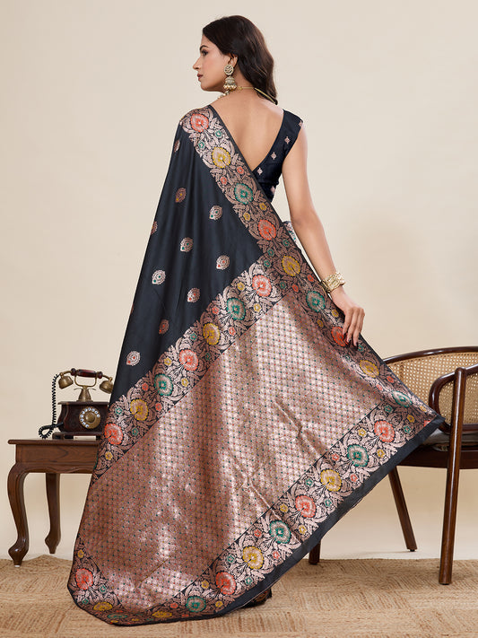 Traditional Black Color Jacquard Silk Saree With Zari Work