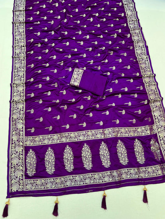 Purple Color Soft Viscose Satin Silk Saree With Zari Weaving Work